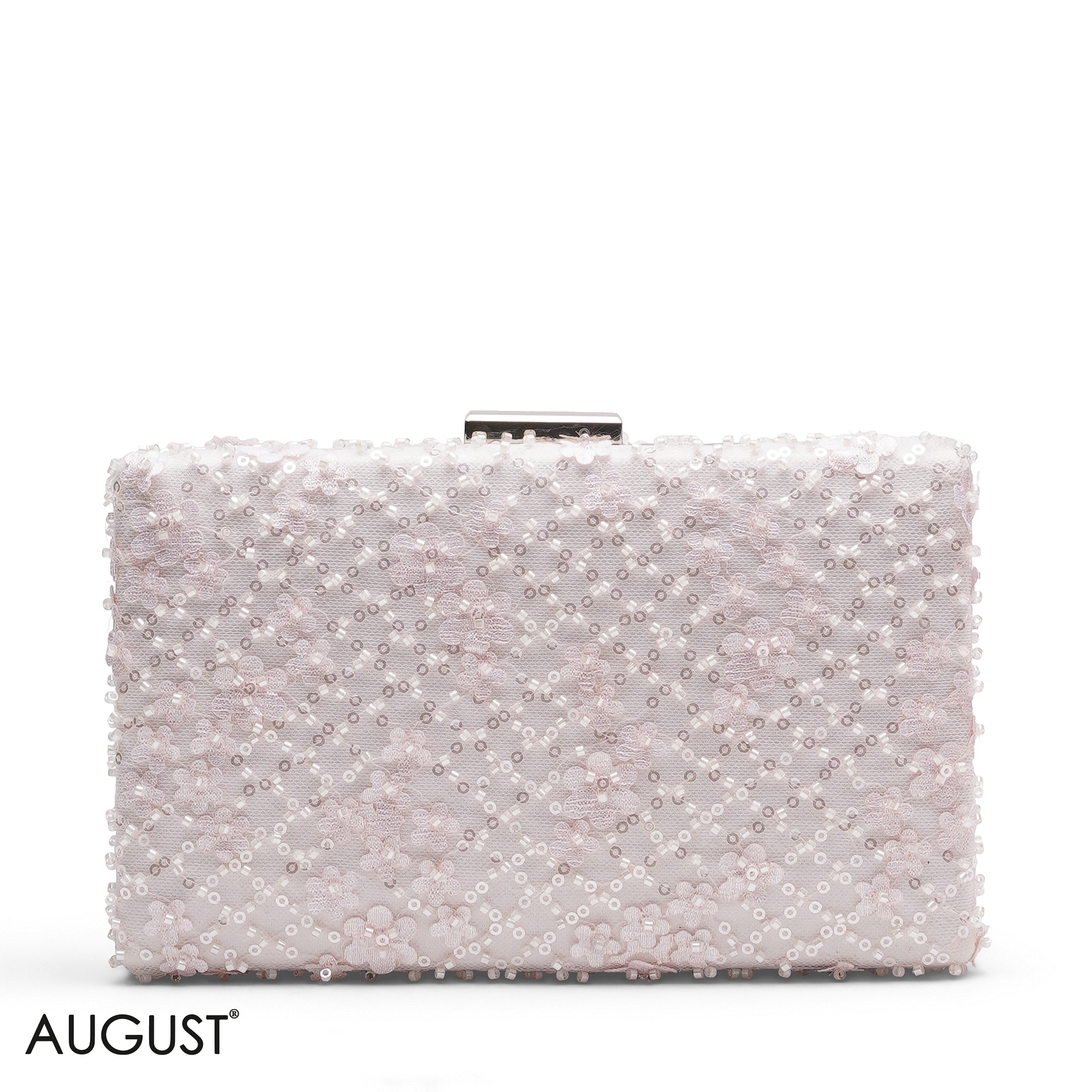 BABY PINK QUILTED BEADED CLUTCH WITH FLORAL EMBROIDERY