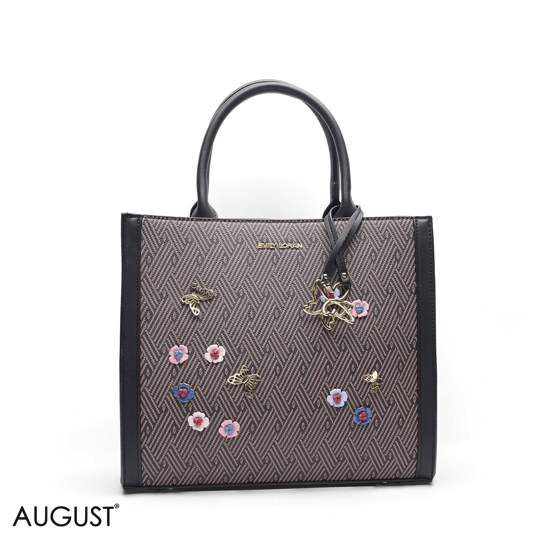BLACK SQUARE TOTE WITH FLORAL APPLIQUÉS - LARGE