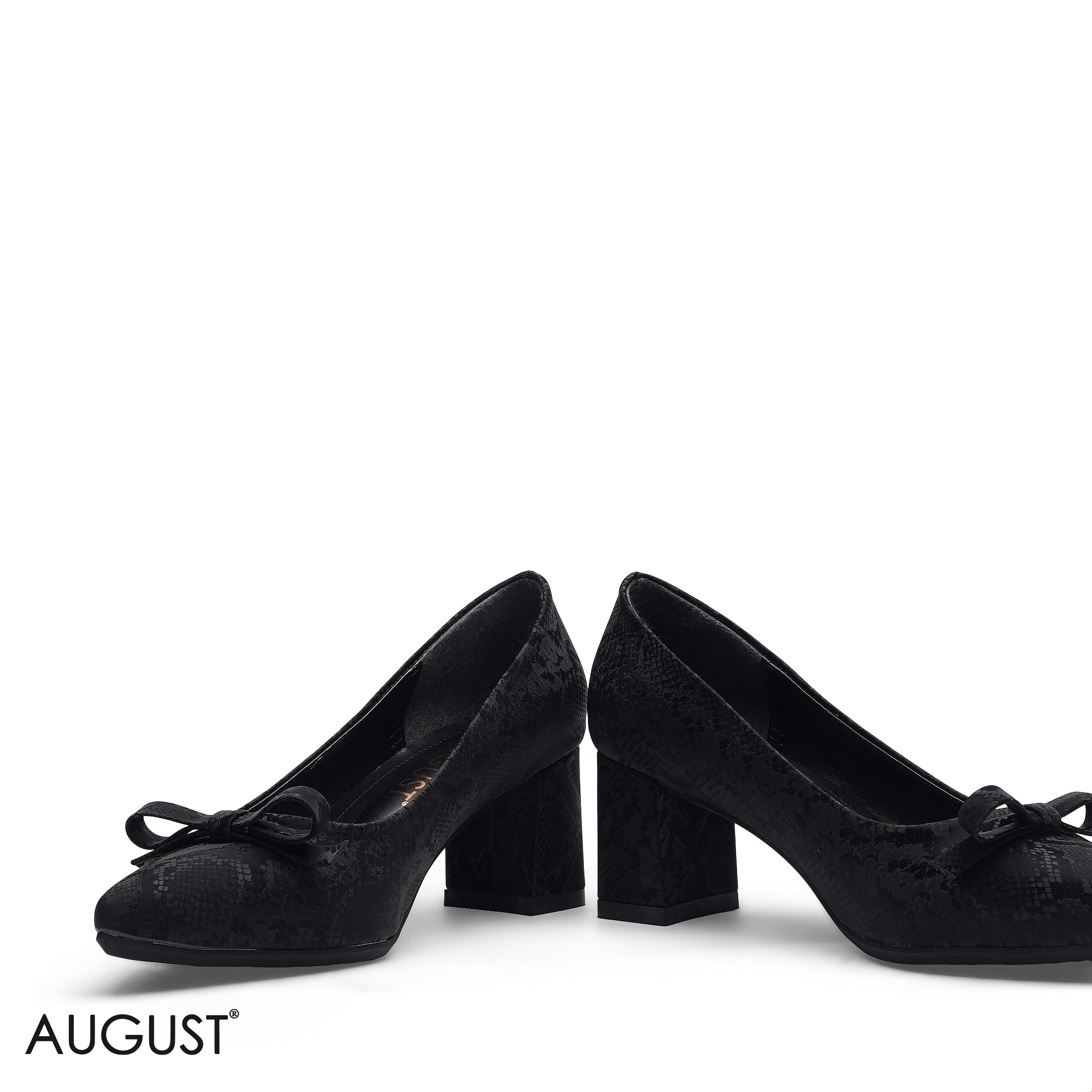 BLACK FEMININE BOW ACCENT BLOCK HEEL PUMPS