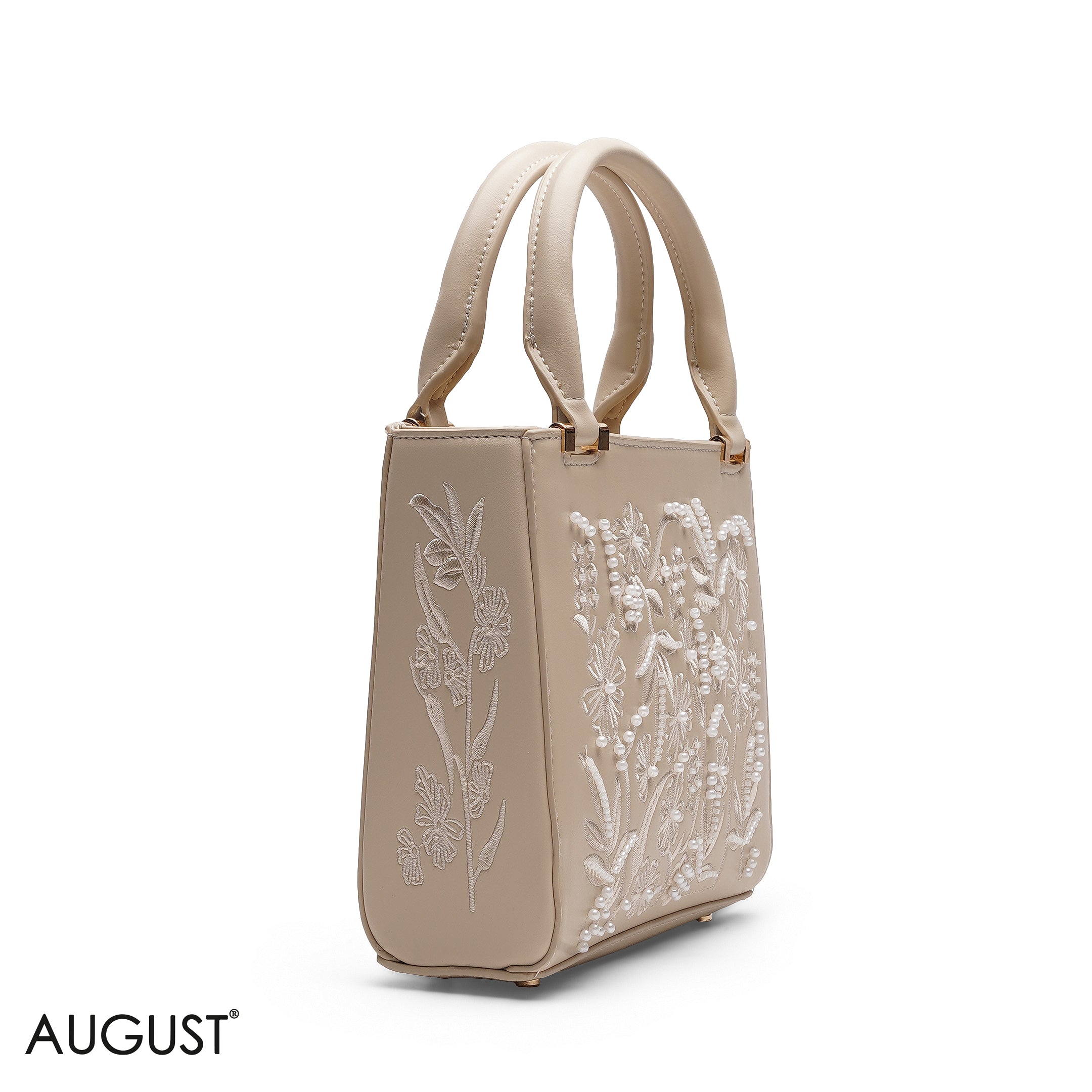 BEIGE FLORAL PEARL EMBROIDERED TOTE BAG