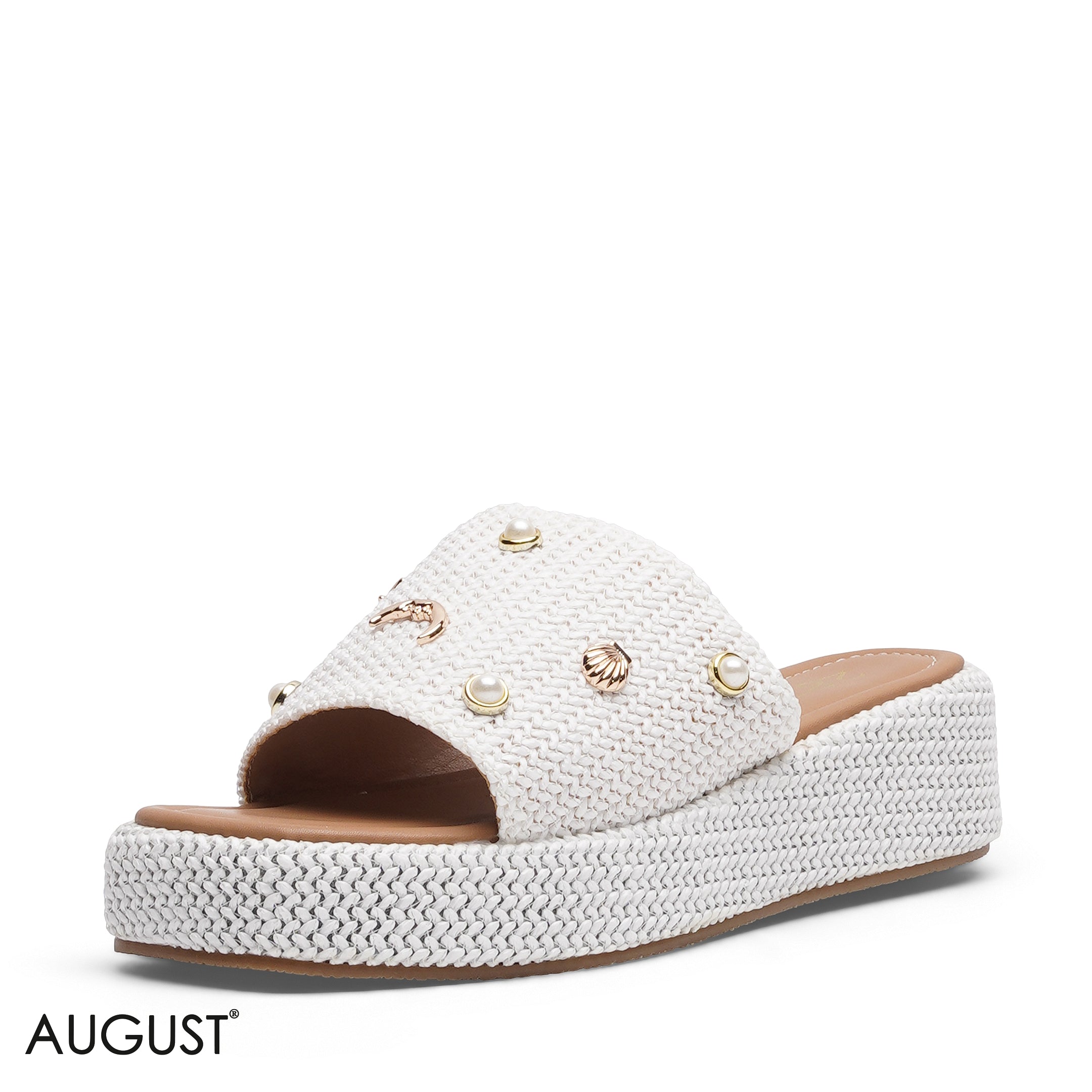 WOVEN PLATFORM SLIDE WITH PEARL ACCENTS SLIPPER