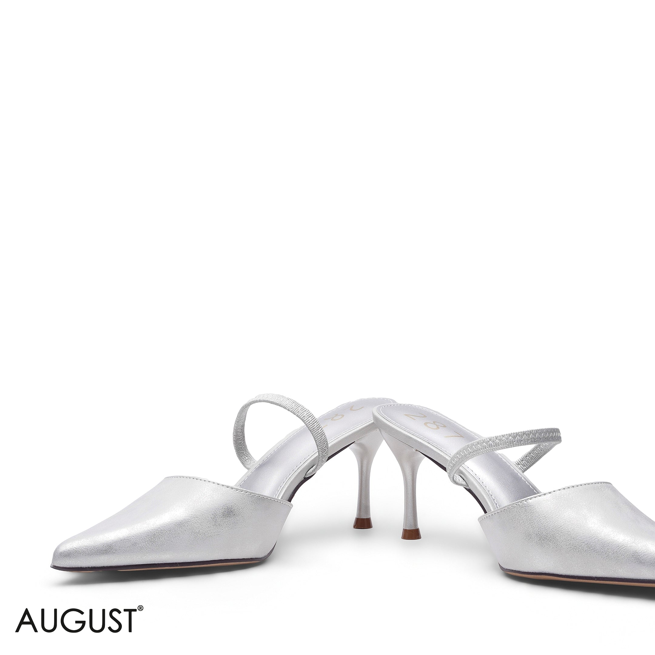 SILVER SMOOTH LEATHER ELASTIC STRAP POINTED TOE HEELS