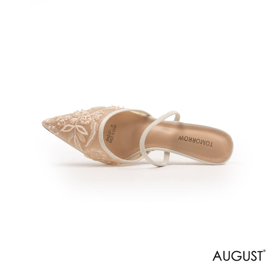 BEIGE CHIFFON SLINGBACK HEEL SHOES WITH LACE DATAIL