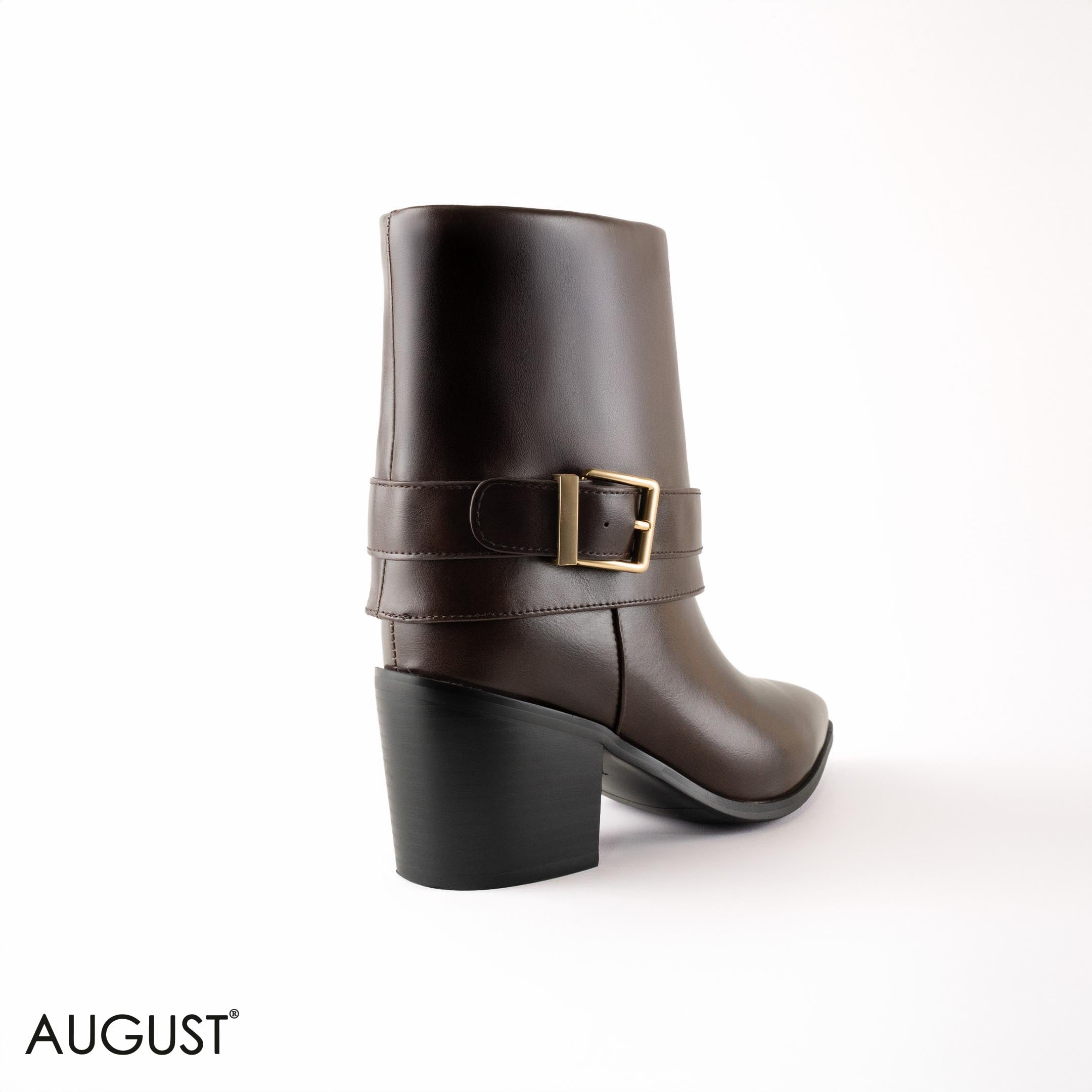 BROWN SMOOTH LEATHER BUCKLED ANKLE BOOTS