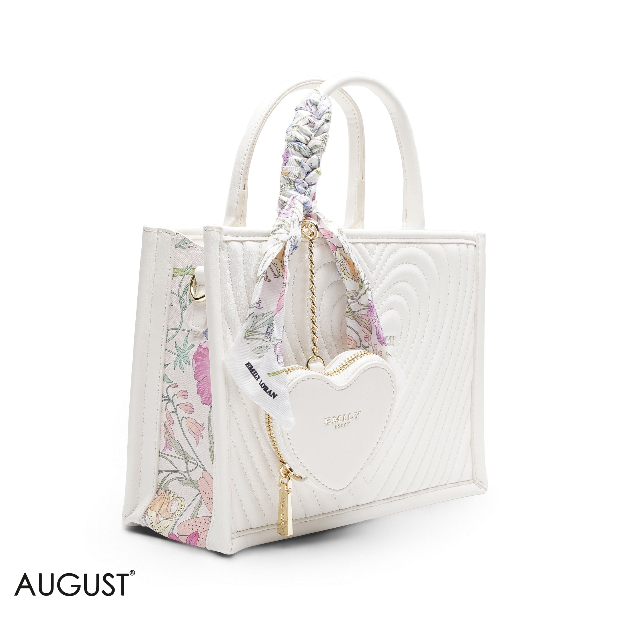 HEART QUILTED FLORAL SCARF WHITE TOTE BAG