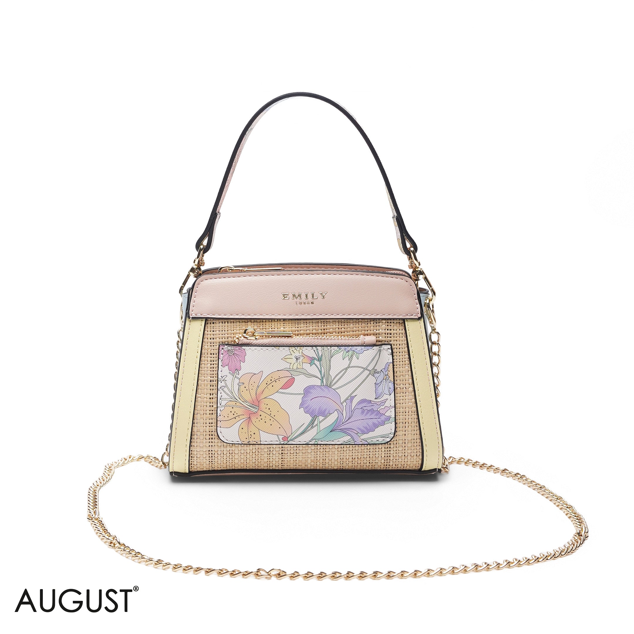 MINI MULTI COLOR STRAW FLORAL BAG WITH FRONT POUCH & GOLD METAL STRAP