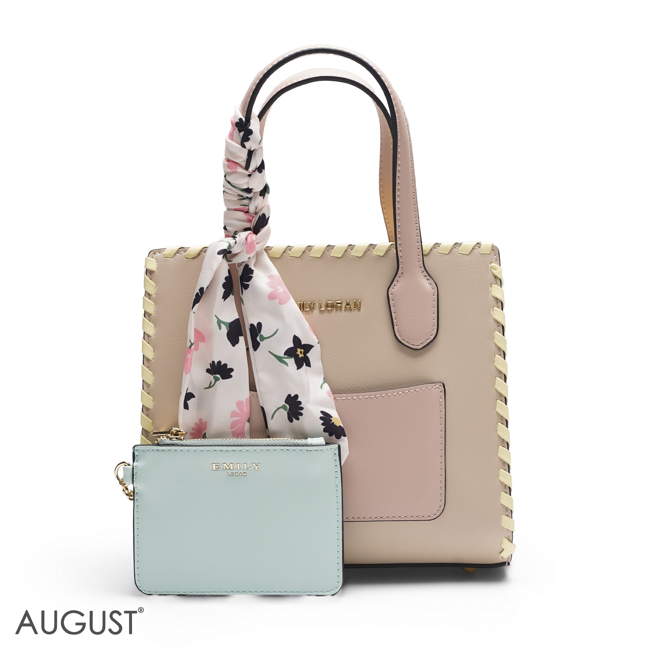 BEIGE & PINK TOTE WITH BLUE POUCH