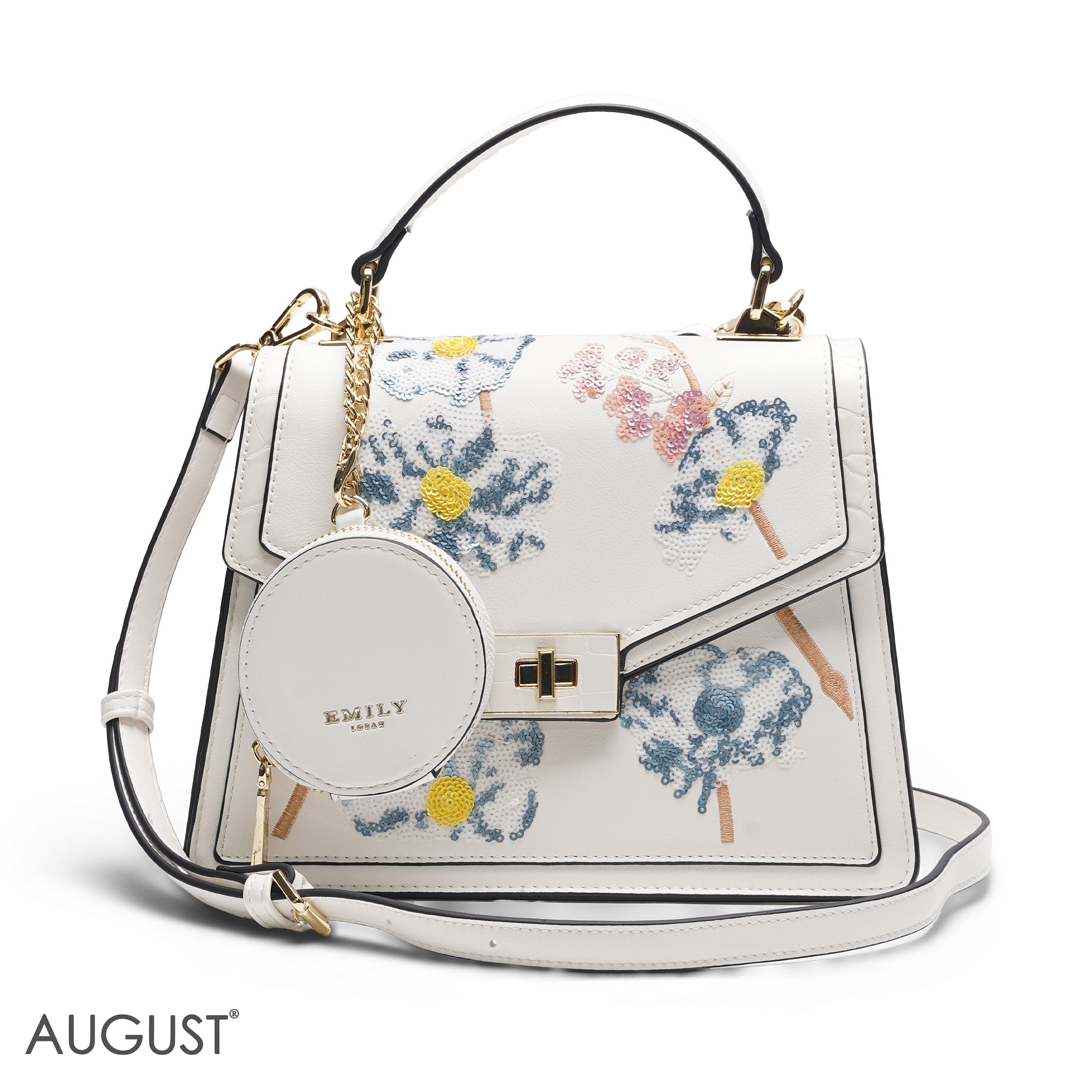 WHITE SEQUIN FLORAL SATCHEL WITH ROUND POUCH