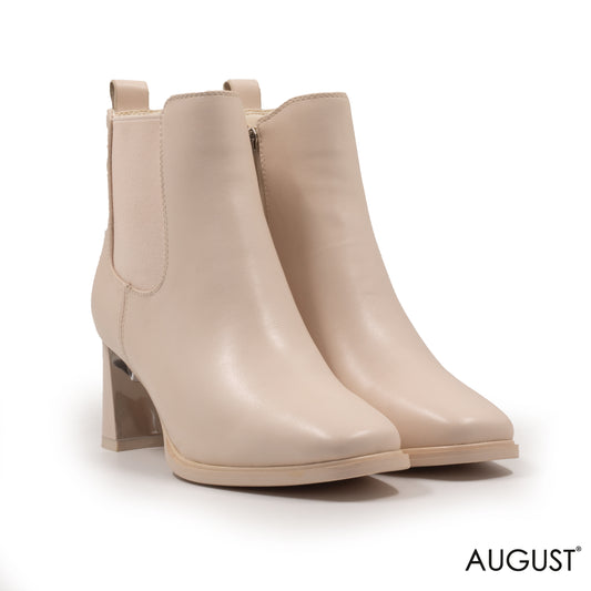 LEATHER BEIGE ANKLE BOOTS WITH ROUND TOE