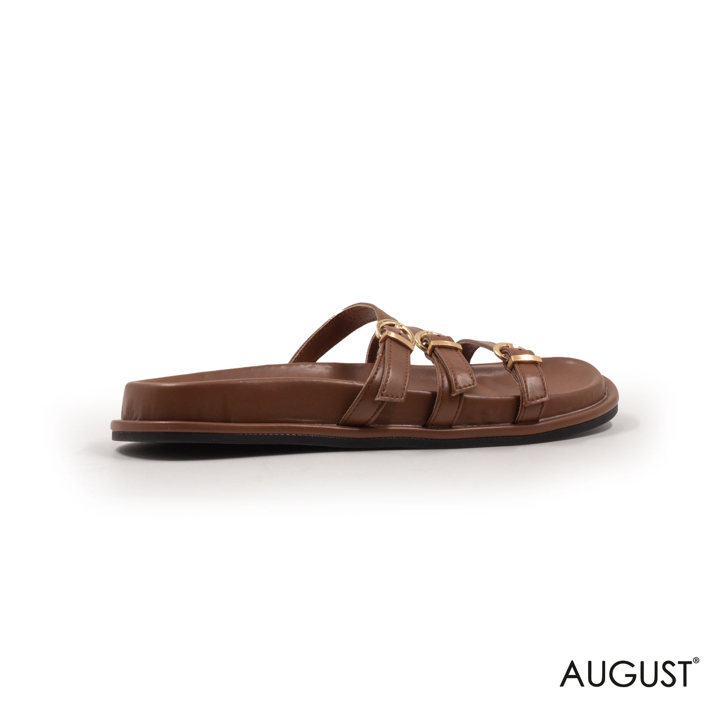 STRAPPY BROWN FLAT SLIPPER WITH GOLD BUCKLES