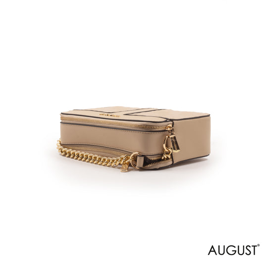 BEIGE LEATHER EMBOSSED CROSSBODY BAG -SMALL