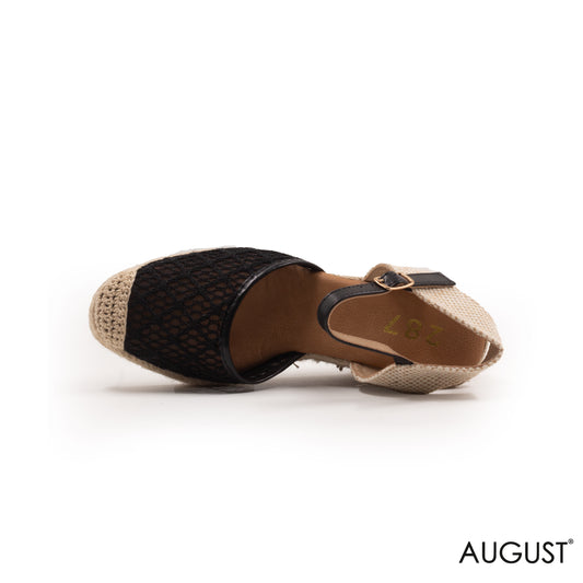 BLACK LACE DATAIL WEDGE SANDALS WITH BUCKLE