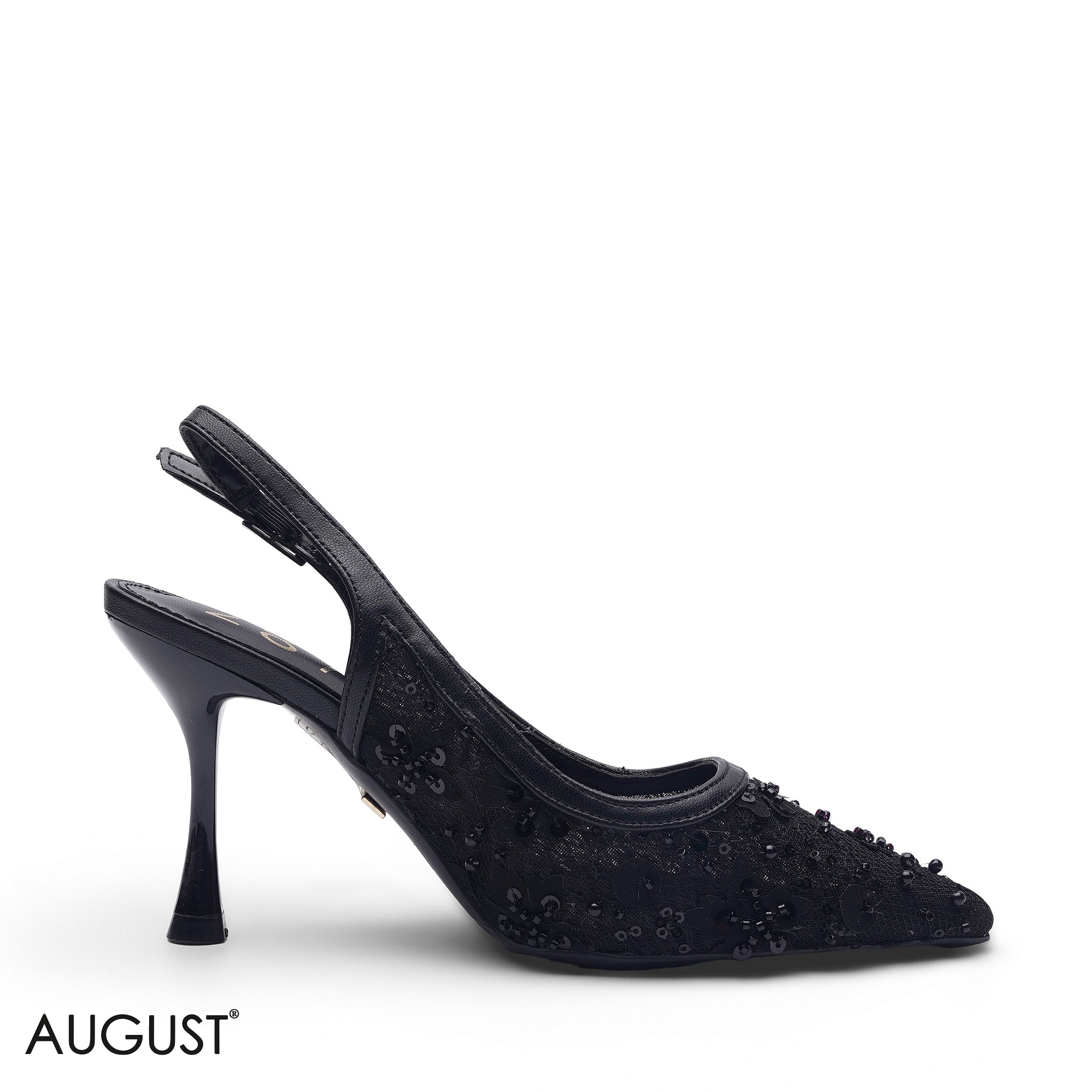 CLASSIC BLACK LACE FLORAL EMBROIDERED SLINGBACK HEELS