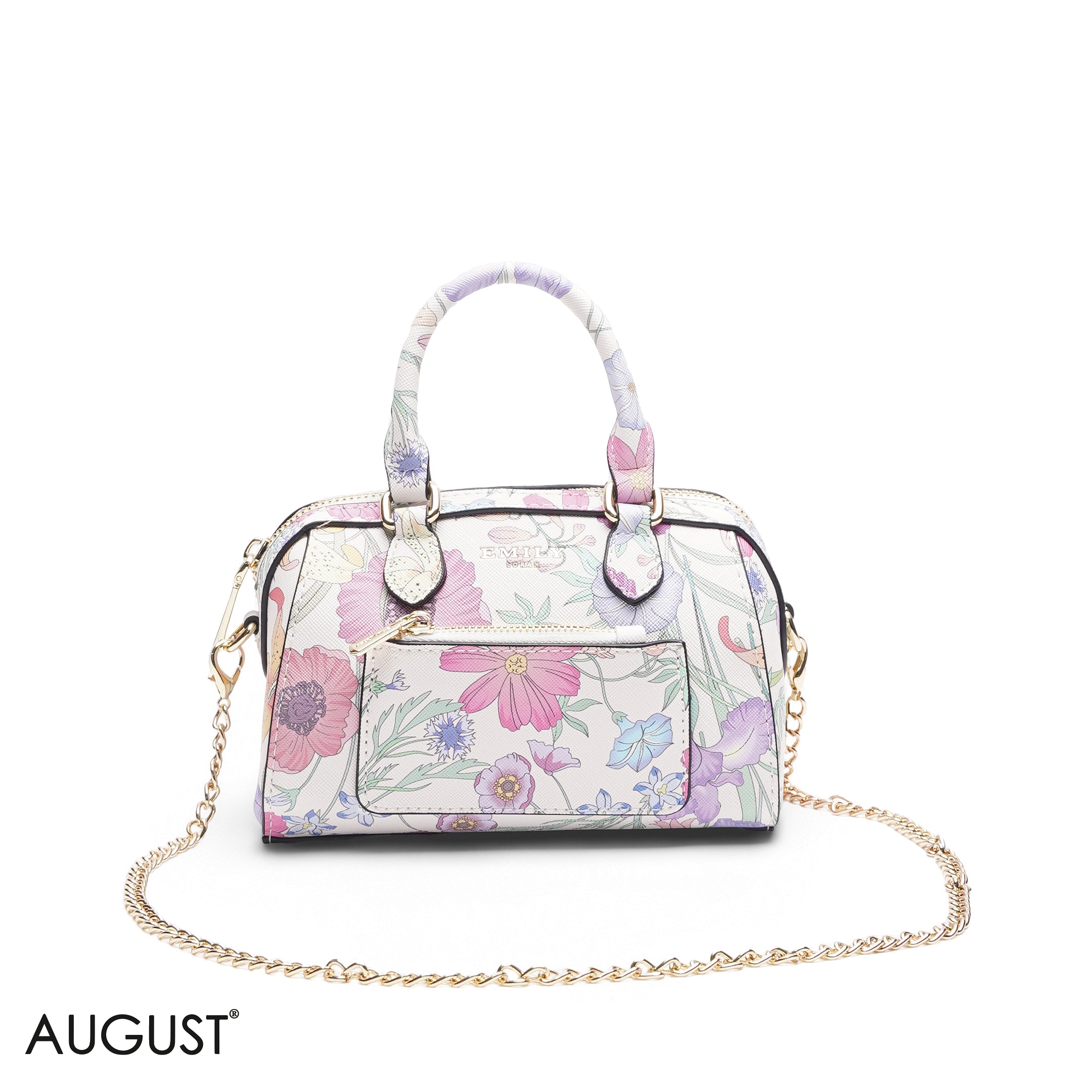 MINI WHITE FLORAL BAG WITH FRONT POUCH & GOLD METAL STRAP