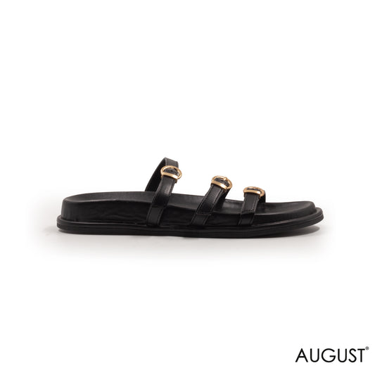 STRAPPY BLACK FLAT SLIPPER WITH GOLD BUCKLES