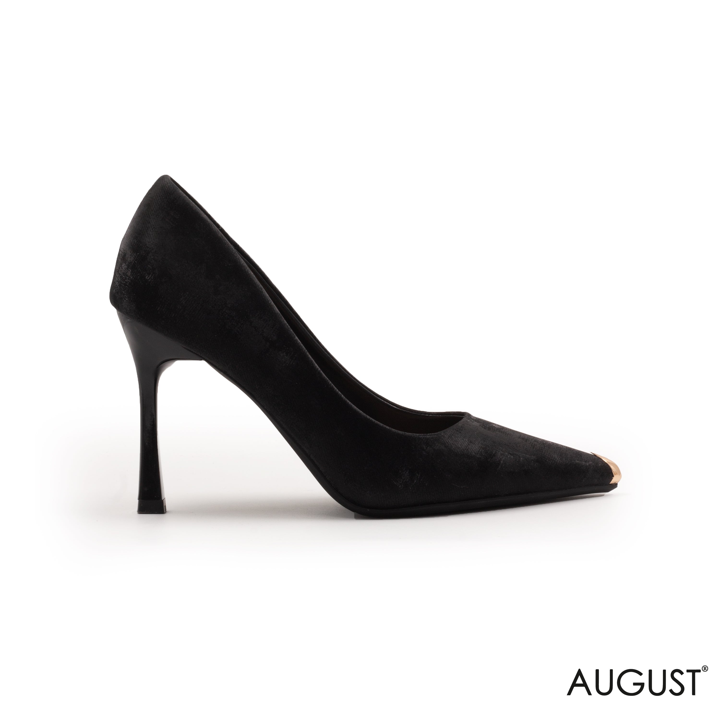 BLACK VELVET HIGH-HEEL SHOES WITH GOLD POINTED TOE