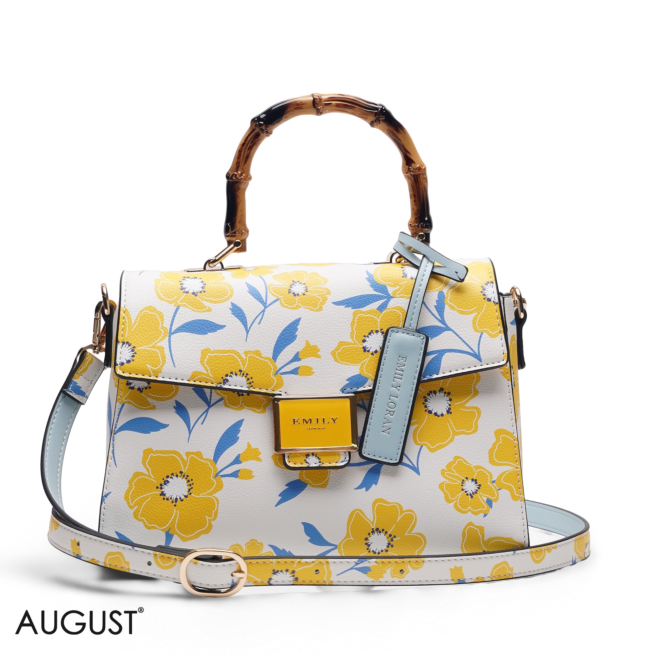 WHITE FLORAL WITH BOMBOO HANDLE SOFT LEATHER - MED