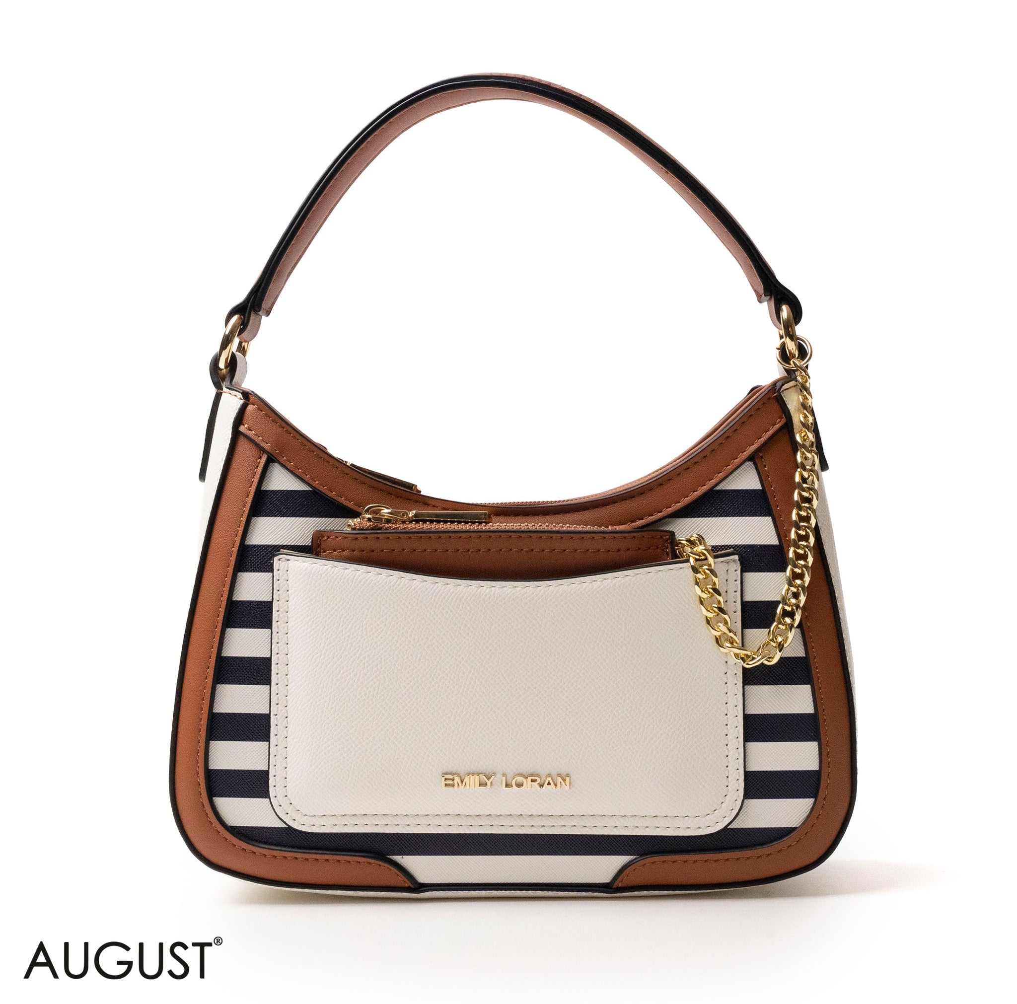 STRIPED NAVY LEATHER HANDBAG WITH METAL CHAIN -SMALL