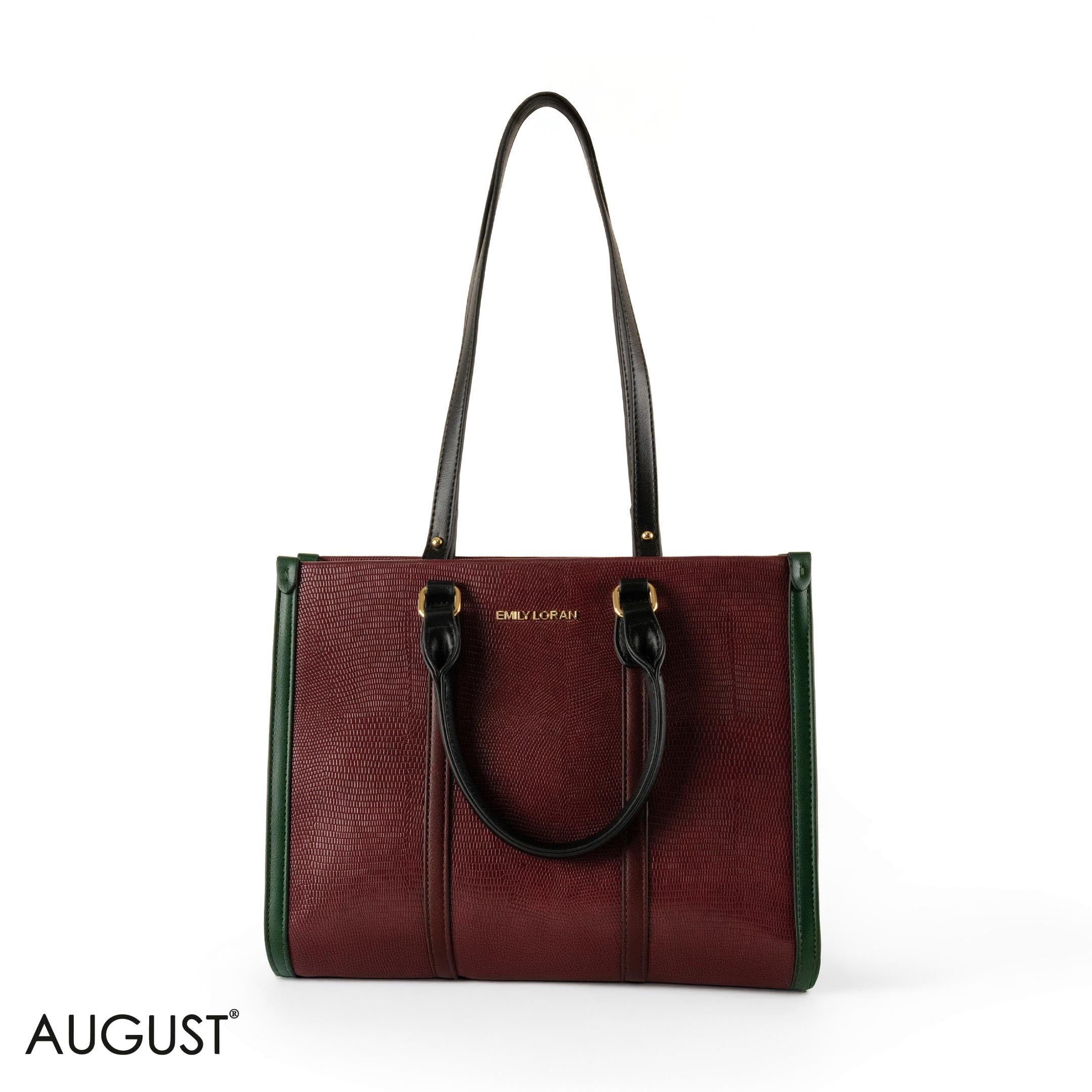 MAROON EMILY LORAN HANDBAG WITH GREEN LEATHER TRIM -MED