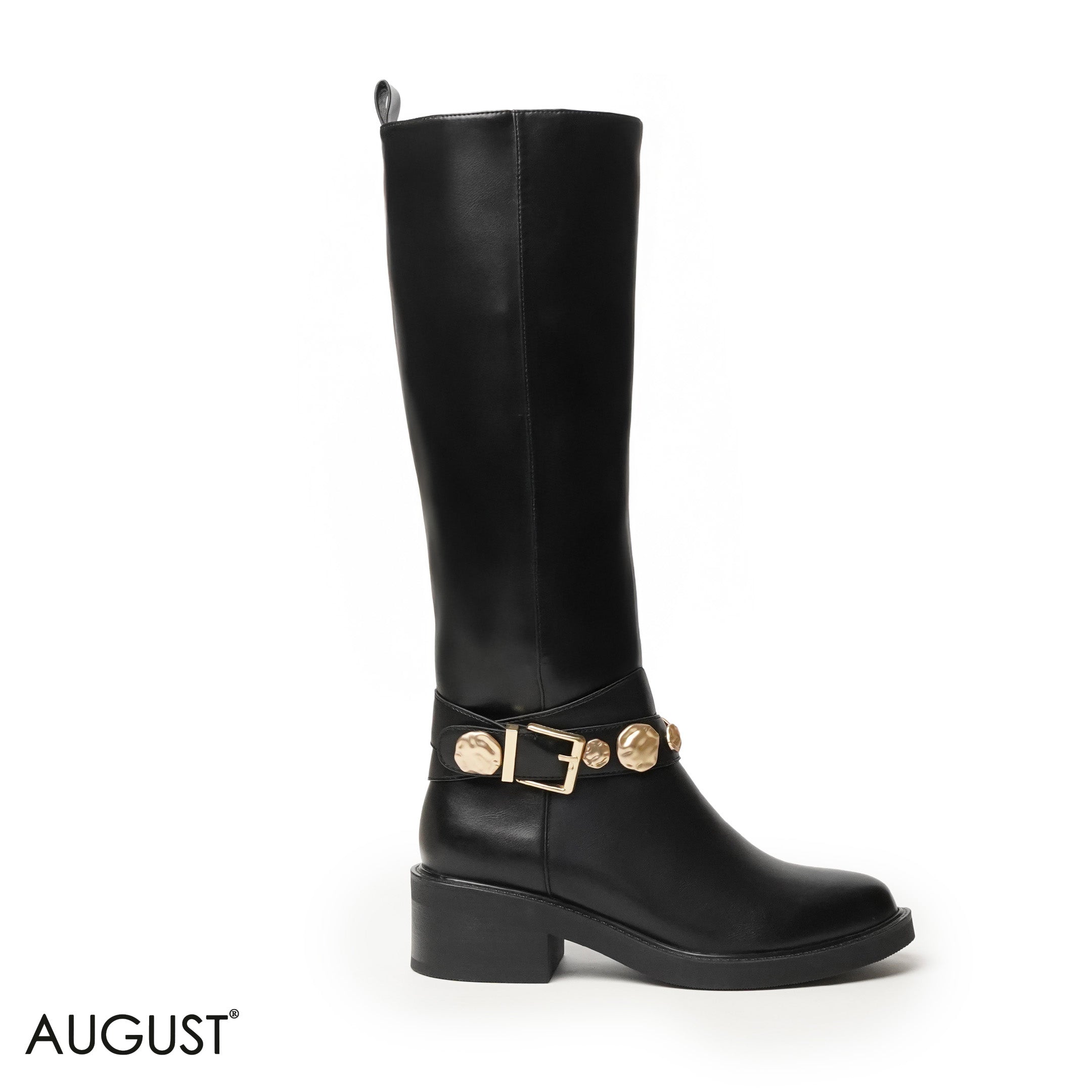 SMOOTH LEATHER LONG BOOTS WITH METAL ACCENTS