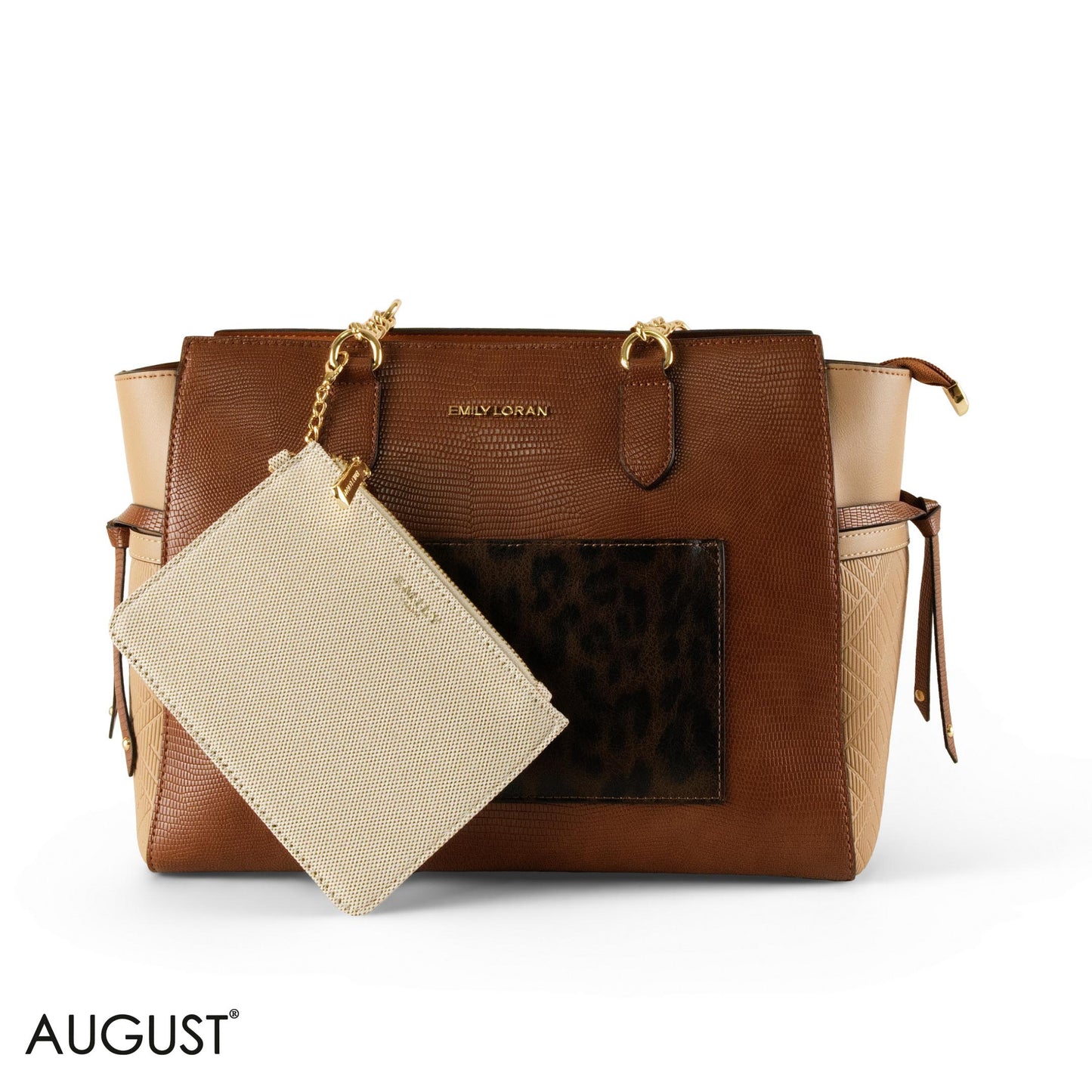 BROWN LEATHER SHOULDER BAG WITH LEOPARD ACCENTS - LARGE